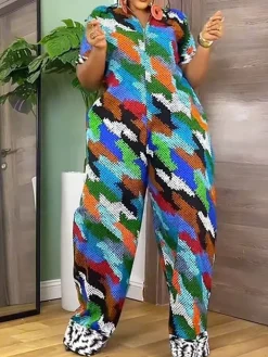 Print Zipper Wide Leg Jumpsuit
