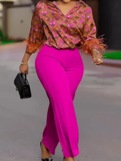 Printed Long Sleeve Shirt u0026 Wide-Leg Pants