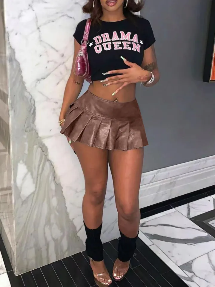 PU Leather Pleated Short Skirt
