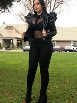 PU Leather Ruffle Long Sleeves Jacket