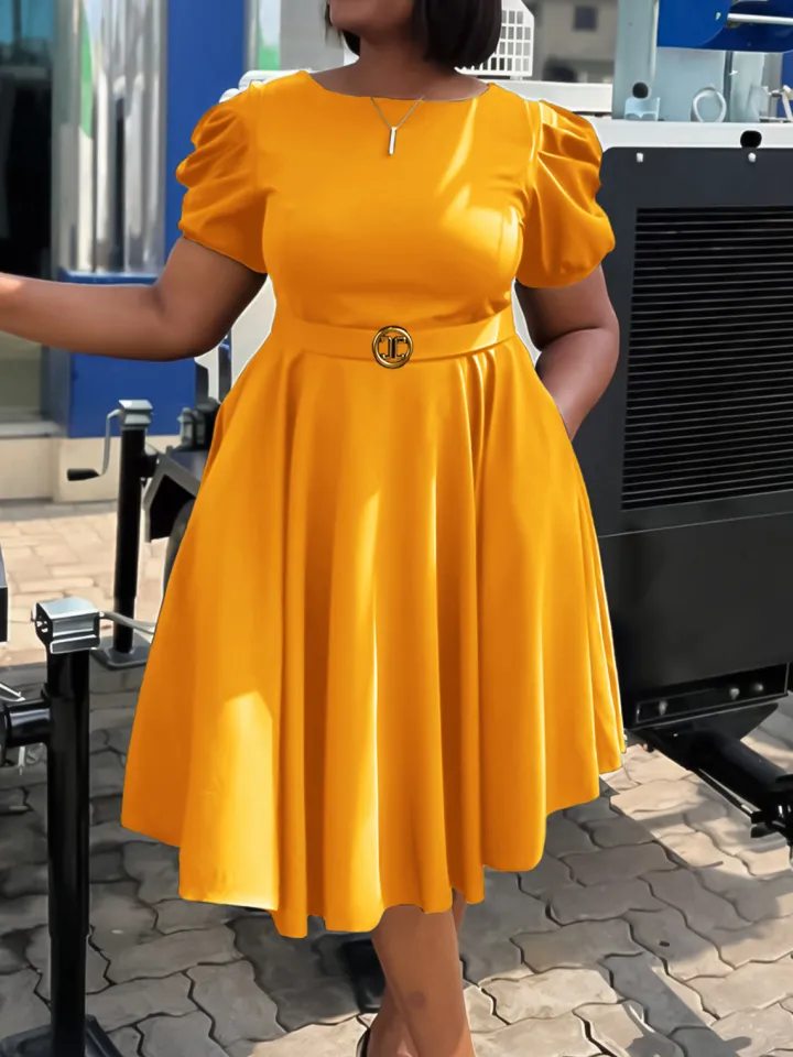 Puff Sleeve Belted A-Line Midi Dress