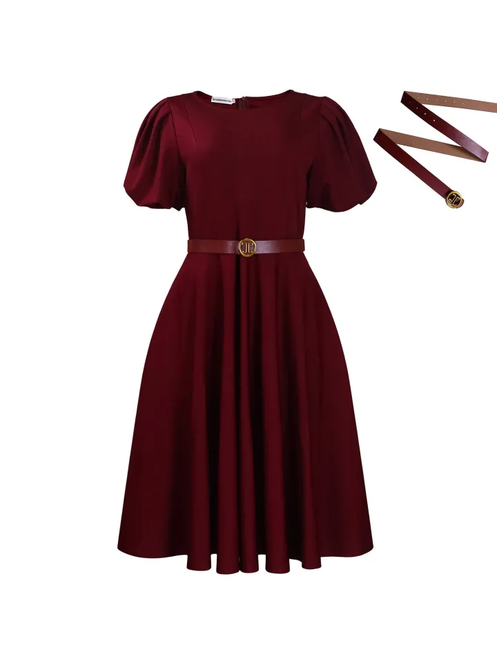 Puff Sleeve Belted A-Line Midi Dress