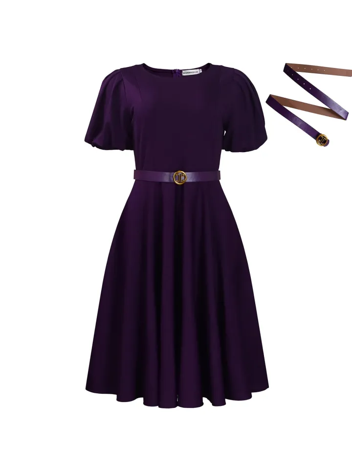 Puff Sleeve Belted A-Line Midi Dress