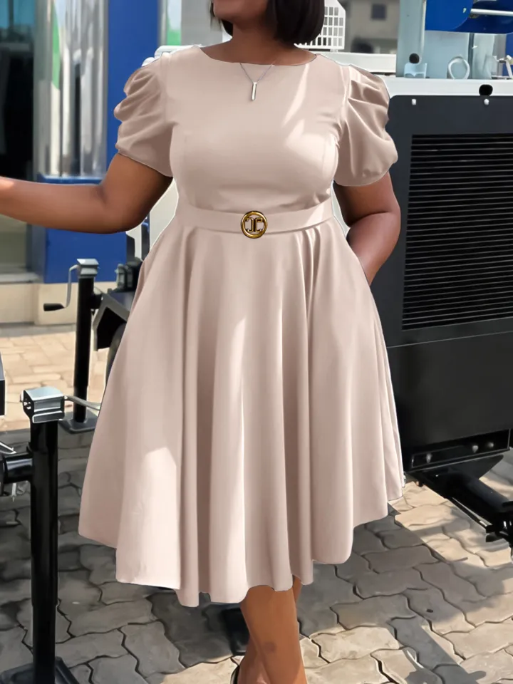 Puff Sleeve Belted A-Line Midi Dress