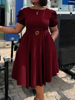 Puff Sleeve Belted A-Line Midi Dress