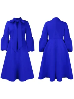 Puff Sleeve Bow-Tie Neck Flared Midi Dress