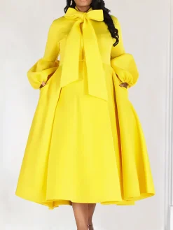 Puff Sleeve Bow-Tie Neck Flared Midi Dress