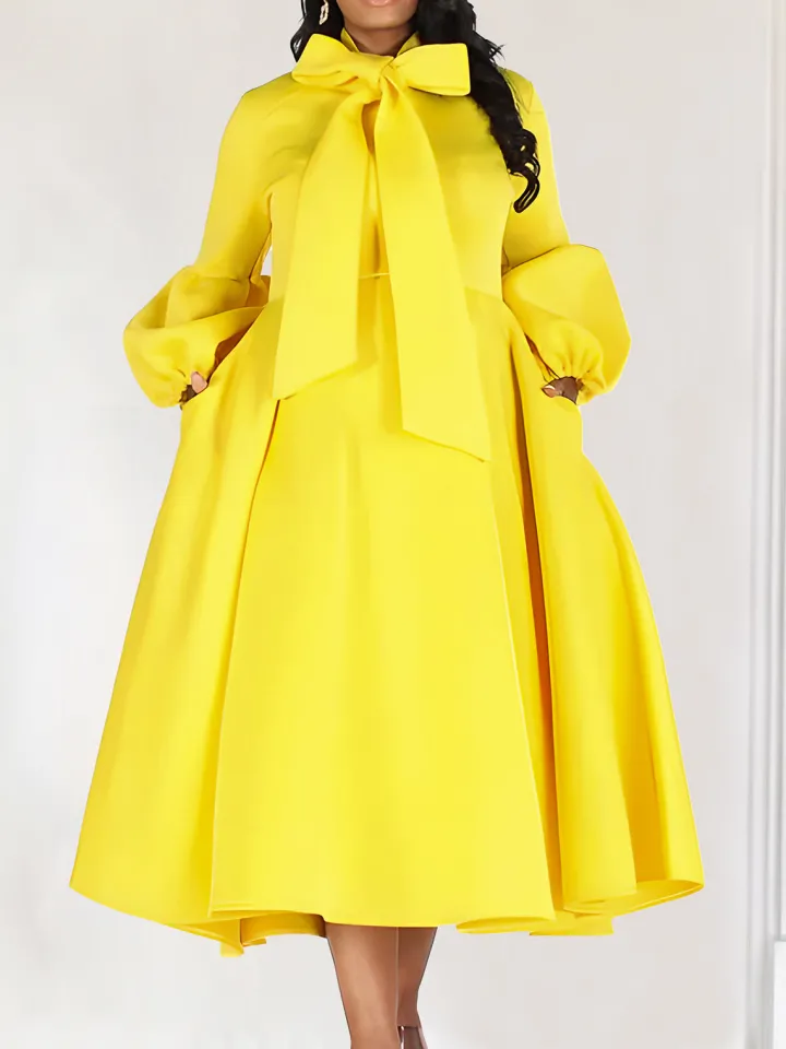 Puff Sleeve Bow-Tie Neck Flared Midi Dress