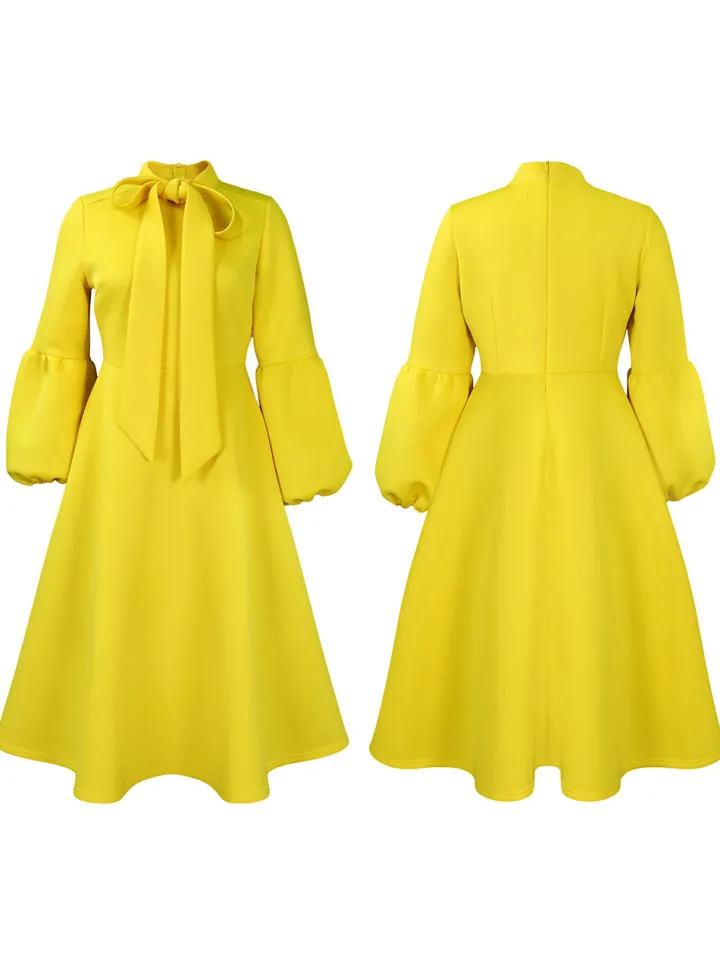 Puff Sleeve Bow-Tie Neck Flared Midi Dress