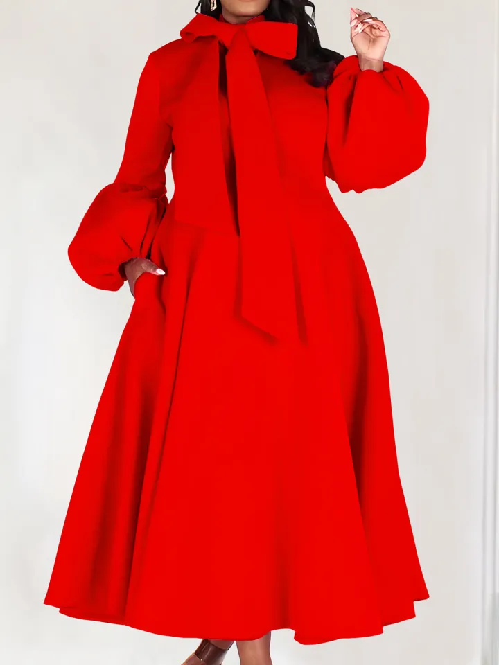 Puff Sleeve Bow-Tie Neck Flared Midi Dress