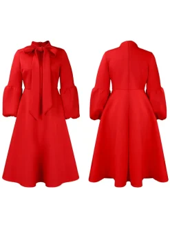 Puff Sleeve Bow-Tie Neck Flared Midi Dress