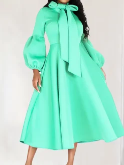 Puff Sleeve Bow-Tie Neck Flared Midi Dress