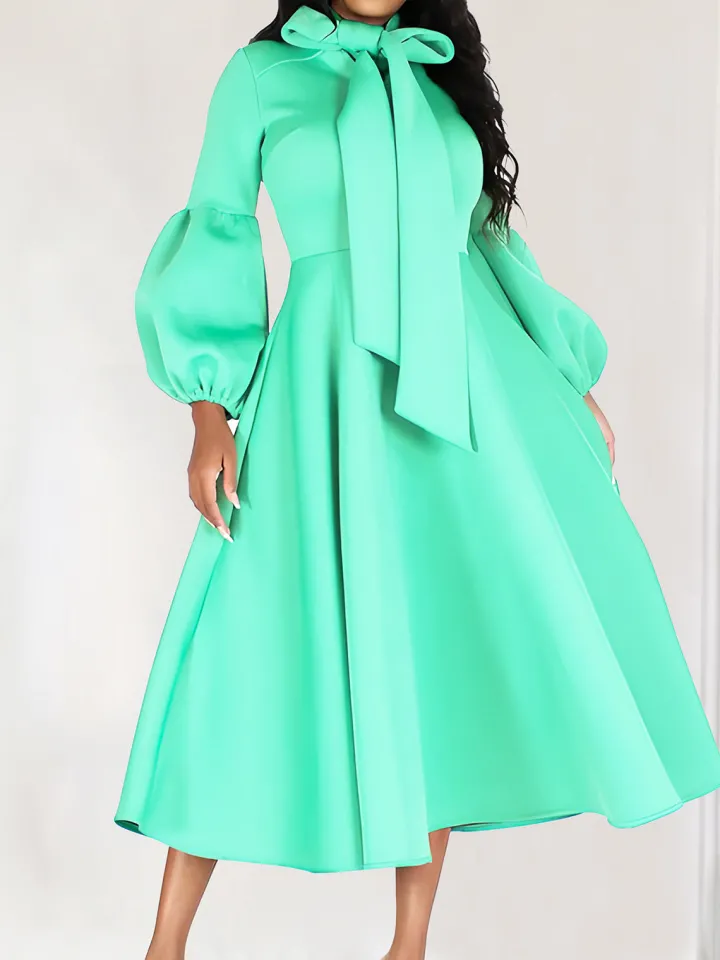Puff Sleeve Bow-Tie Neck Flared Midi Dress