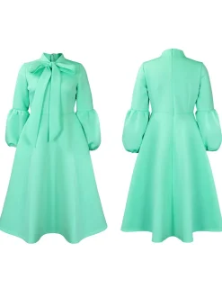 Puff Sleeve Bow-Tie Neck Flared Midi Dress