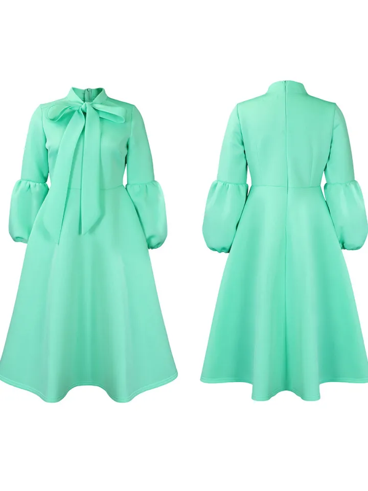 Puff Sleeve Bow-Tie Neck Flared Midi Dress