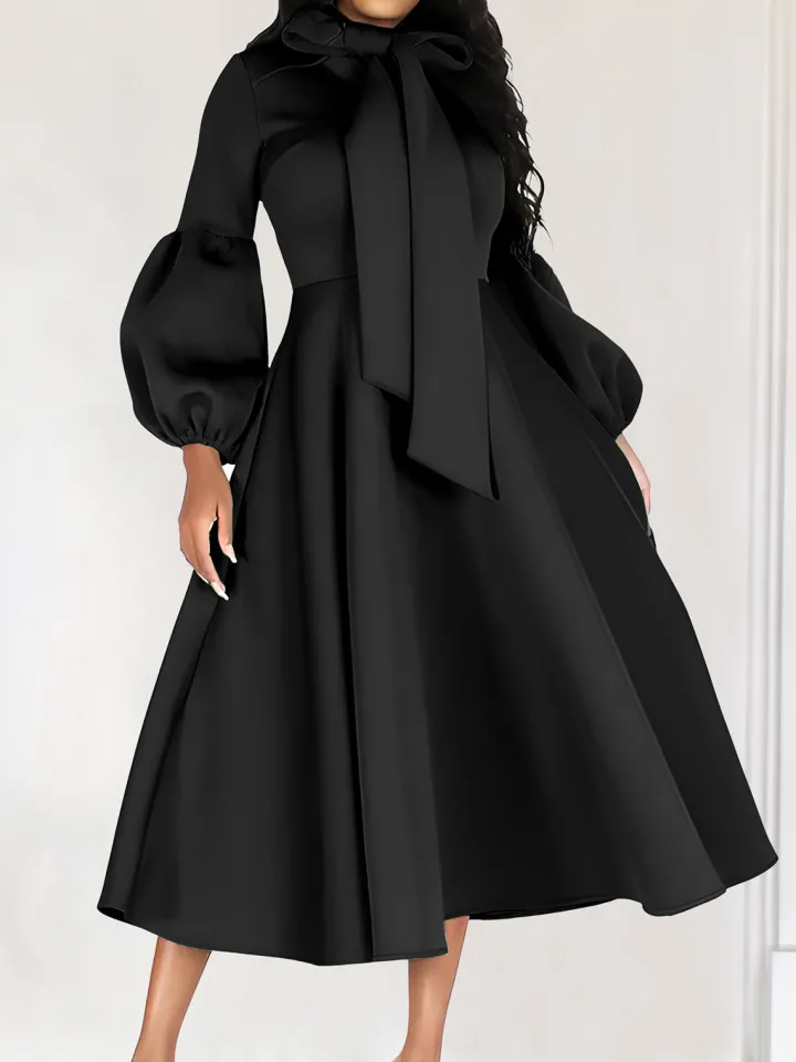 Puff Sleeve Bow-Tie Neck Flared Midi Dress
