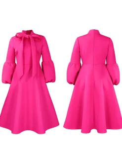 Puff Sleeve Bow-Tie Neck Flared Midi Dress