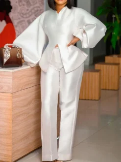 Puff Sleeve Slit Top Pants Set