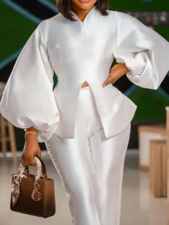 Puff Sleeve Slit Top Pants Set