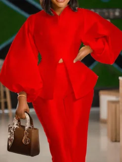 Puff Sleeve Slit Top Pants Set