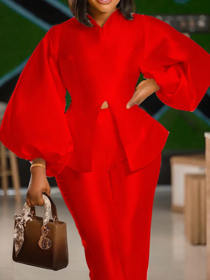 Puff Sleeve Slit Top Pants Set