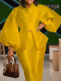 Puff Sleeve Slit Top Pants Set