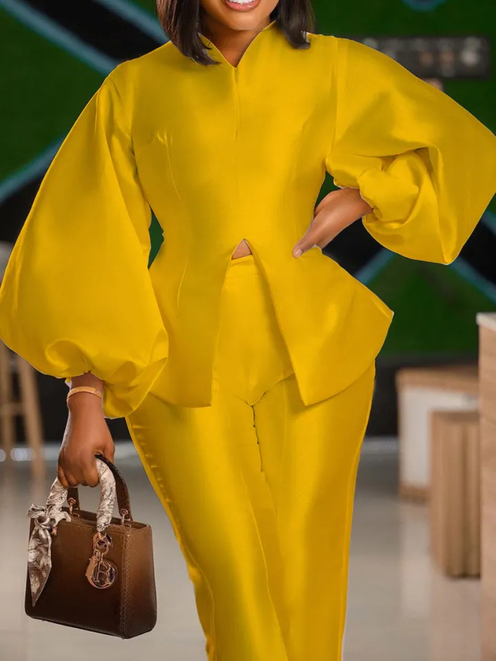 Puff Sleeve Slit Top Pants Set