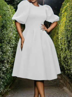 Puff Sleeve Solid Ruched Bodycon Midi Dress