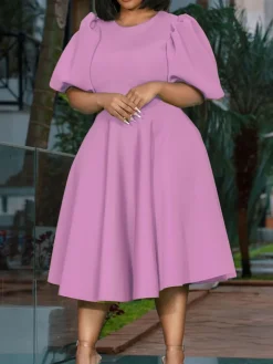 Puff Sleeve Solid Ruched Bodycon Midi Dress