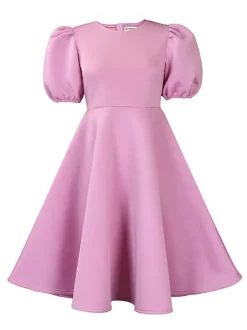 Puff Sleeve Solid Ruched Bodycon Midi Dress