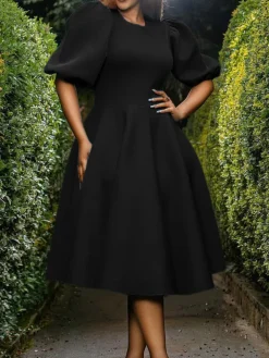 Puff Sleeve Solid Ruched Bodycon Midi Dress