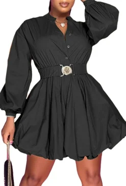Puffy Long Sleeve Button Down Shirt Dress