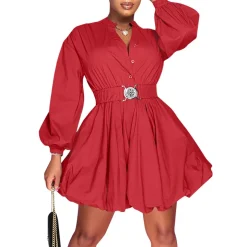 Puffy Long Sleeve Button Down Shirt Dress