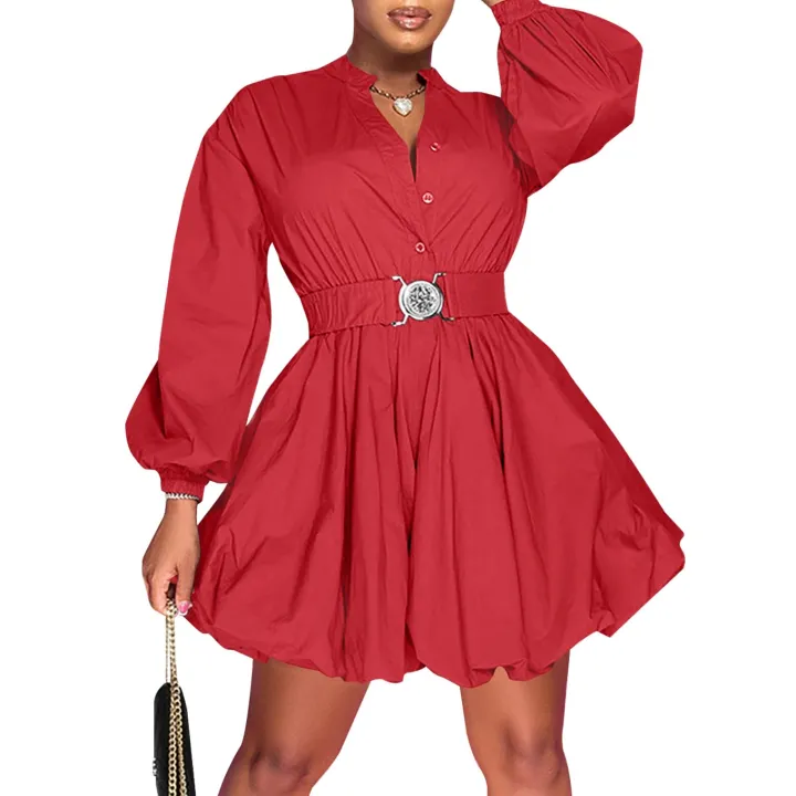 Puffy Long Sleeve Button Down Shirt Dress