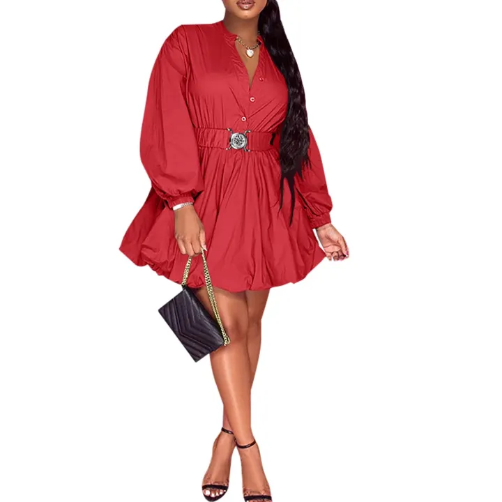 Puffy Long Sleeve Button Down Shirt Dress