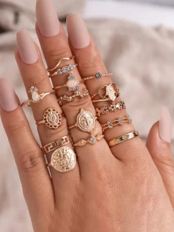 Retro Geometric Cross Gold Coin Rings