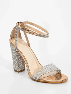 Rhinestone Ankle Strap Block Heel Sandals