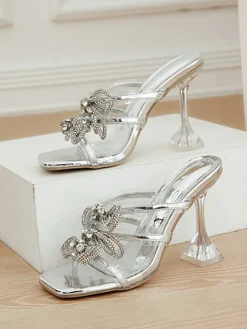 Rhinestone Bow Square Toe High Heel Slide