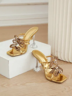 Rhinestone Bow Square Toe High Heel Slide