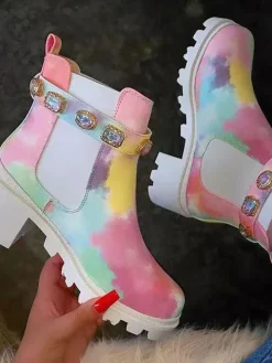 Rhinestone Buckle Platform Chelsea Ankle Boots