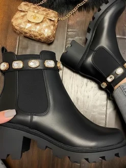 Rhinestone Buckle Platform Chelsea Ankle Boots