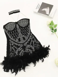 Rhinestone Feathers Halter Neck Romper