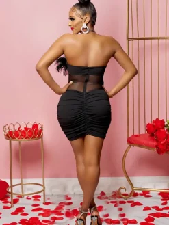 Rhinestone Halter Feather Patchwork Mini Dress