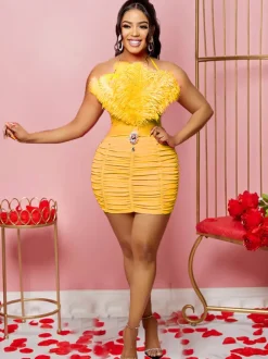 Rhinestone Halter Feather Patchwork Mini Dress