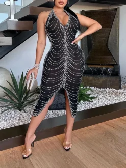 Rhinestone Halter Neck Mesh Dress