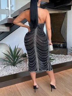 Rhinestone Halter Neck Mesh Dress