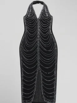 Rhinestone Halter Neck Mesh Dress