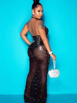 Rhinestone Mesh Backless Bodycon Maxi Dress