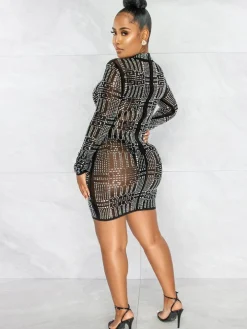 Rhinestone Mesh Long Sleeve Bodycon Mini Dress