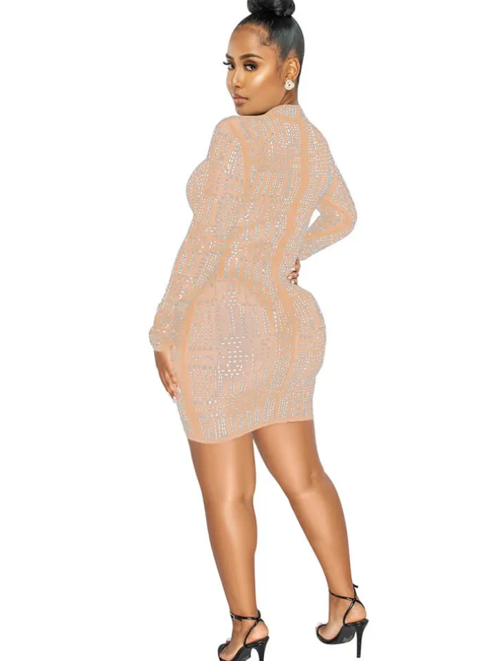 Rhinestone Mesh Long Sleeve Bodycon Mini Dress